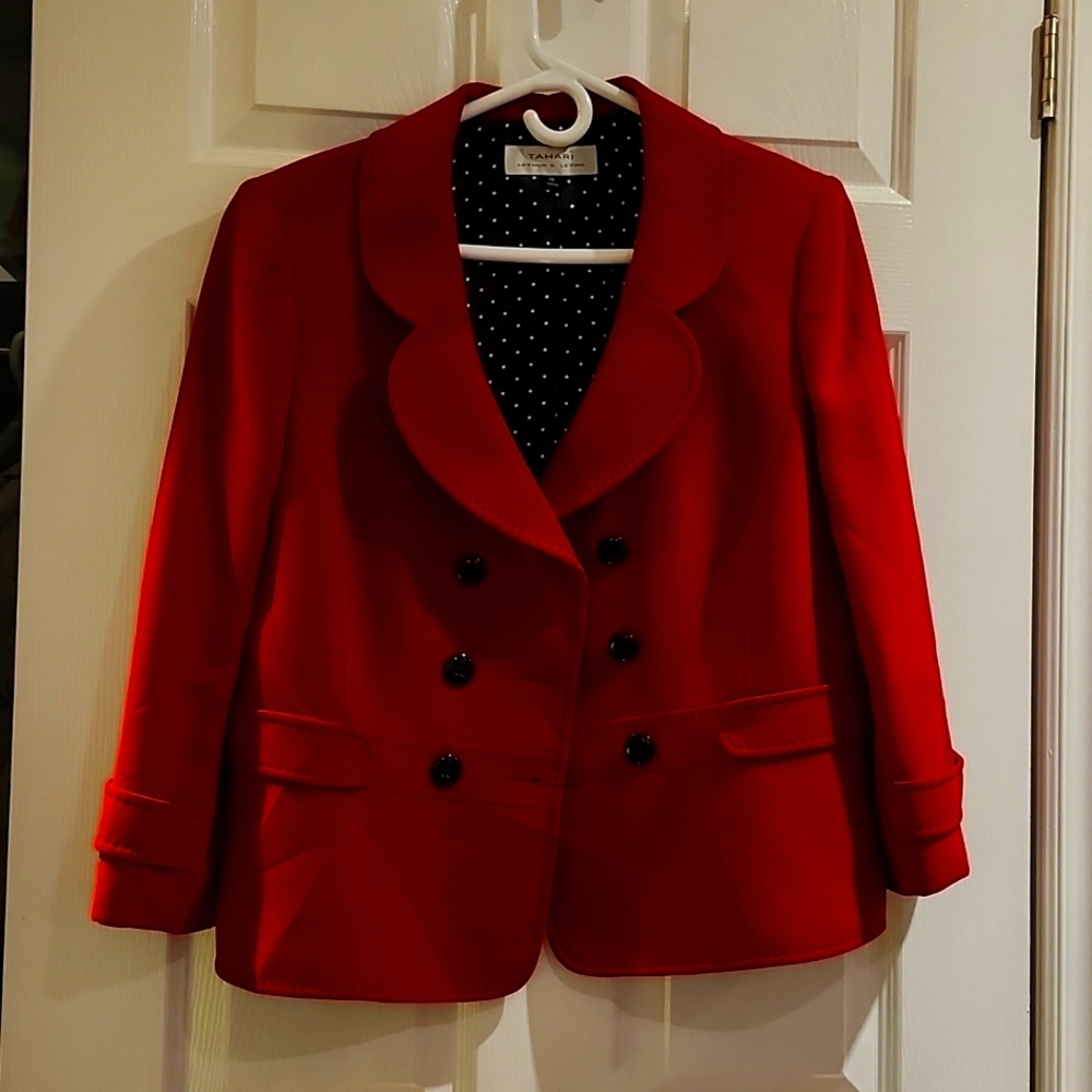 TAHARI red Blazer double breasted with lining polkadot with black stitches